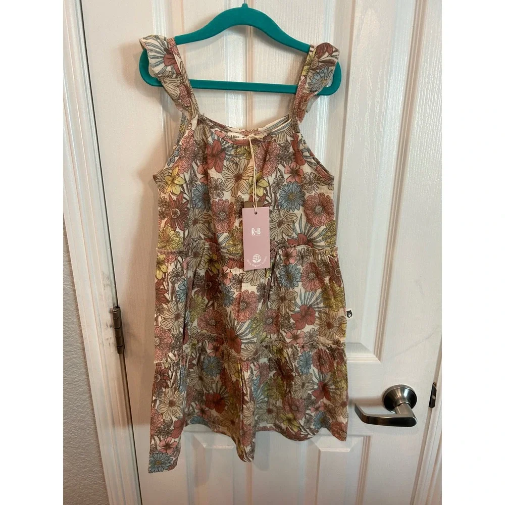 Rabbit + Bear Dress Multicolor Floral Organic Cotton Tiered Ruffle Boho Kids 6